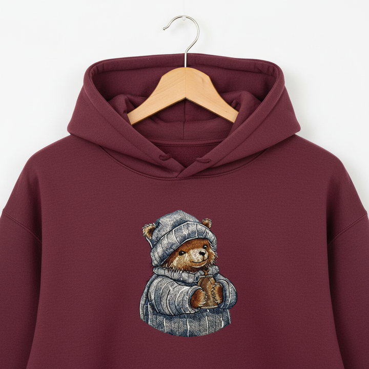 Cozy Winter Bear Machine Embroidered Hoodie – Hand Finished in Dubai | EmbroMania