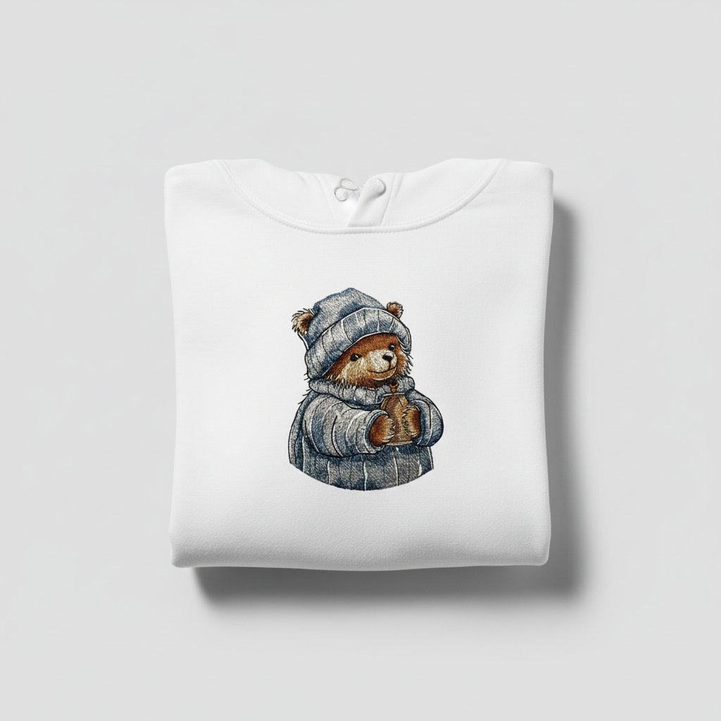 Cozy Winter Bear Machine Embroidered Hoodie – Hand Finished in Dubai | EmbroMania
