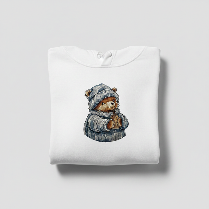 Cozy Winter Bear Machine Embroidered Hoodie – Hand Finished in Dubai | EmbroMania