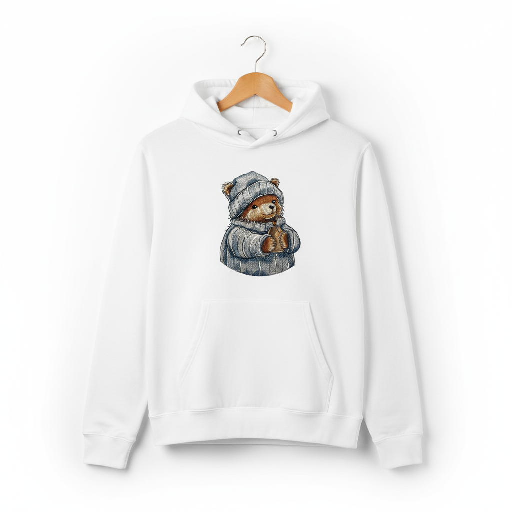 Cozy Winter Bear Machine Embroidered Hoodie – Hand Finished in Dubai | EmbroMania
