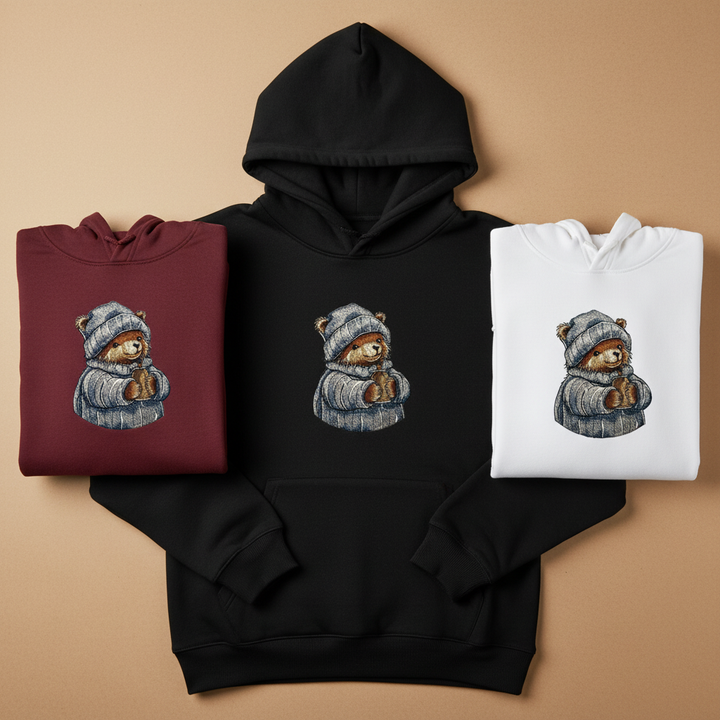 Cozy Winter Bear Machine Embroidered Hoodie – Hand Finished in Dubai | EmbroMania