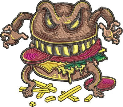 An embroidered jute tote featuring a playful, mischievous burger character with 3D pickle layers, cheese textures, and sauce drips, designed as a commentary on fast-food culture.