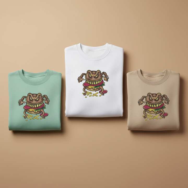 Cursed Burger Machine Embroidered Sweatshirt – Hand Finished in Dubai | EmbroMania
