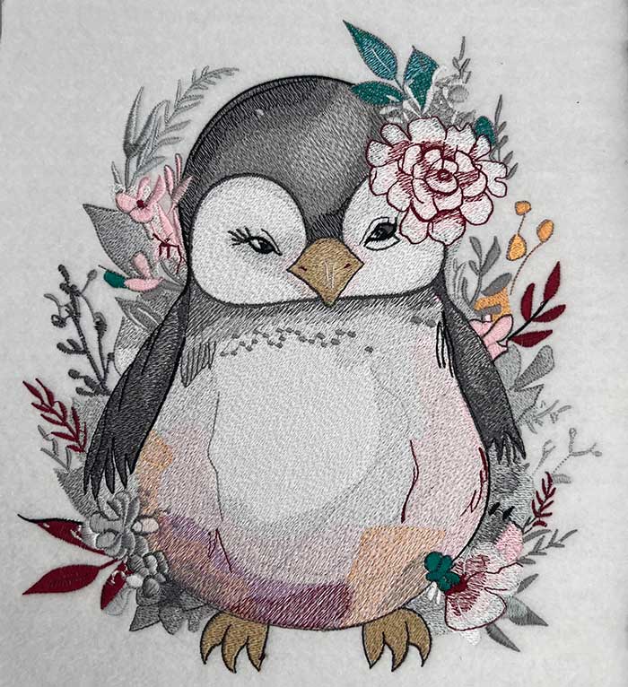 Cute Floral Penguin Machine Embroidered Jute Tote – Hand Finished in Dubai | EmbroMania