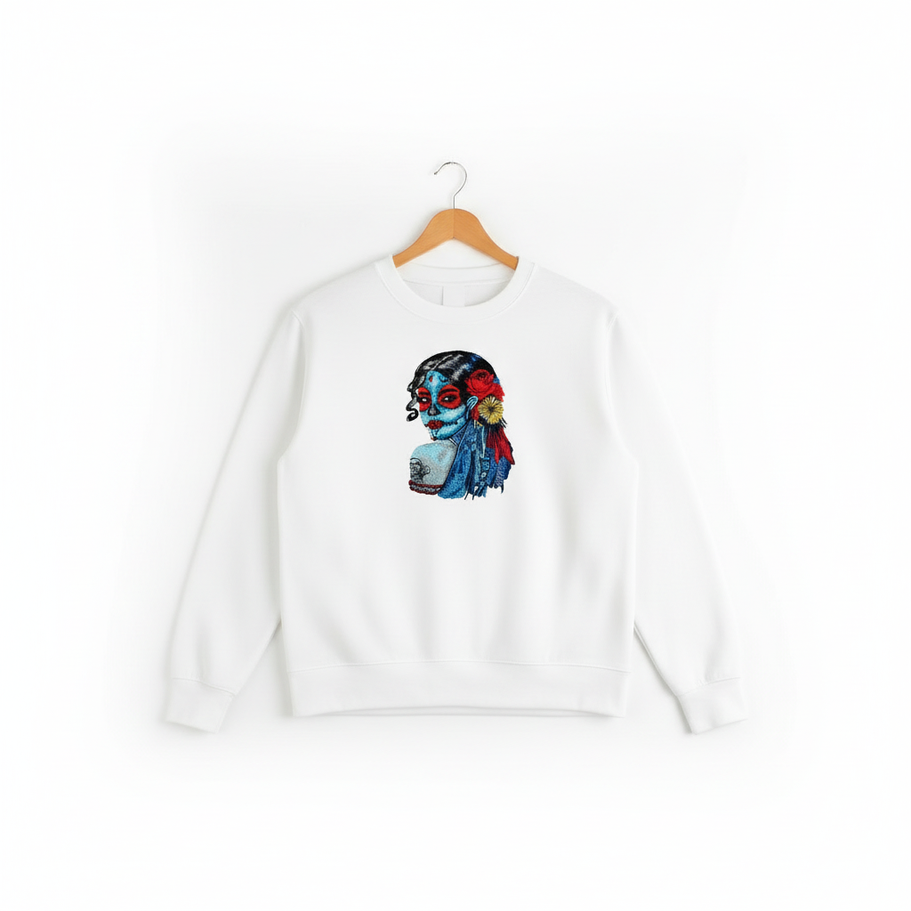 Sugar Skull Lady Machine Embroidered Sweatshirt – Hand Finished in Dubai | EmbroMania