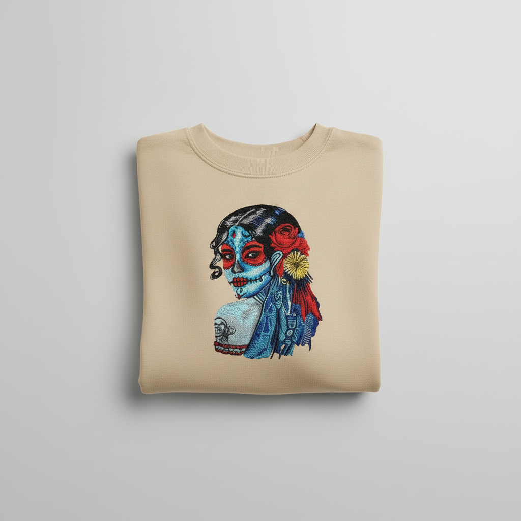 Sugar Skull Lady Machine Embroidered Sweatshirt – Hand Finished in Dubai | EmbroMania