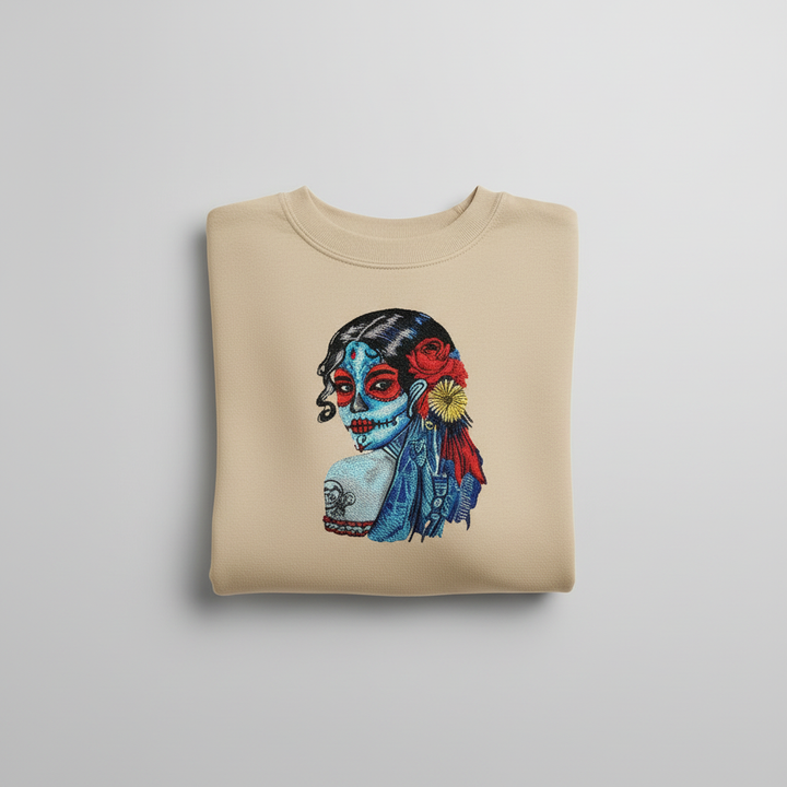 Sugar Skull Lady Machine Embroidered Sweatshirt – Hand Finished in Dubai | EmbroMania