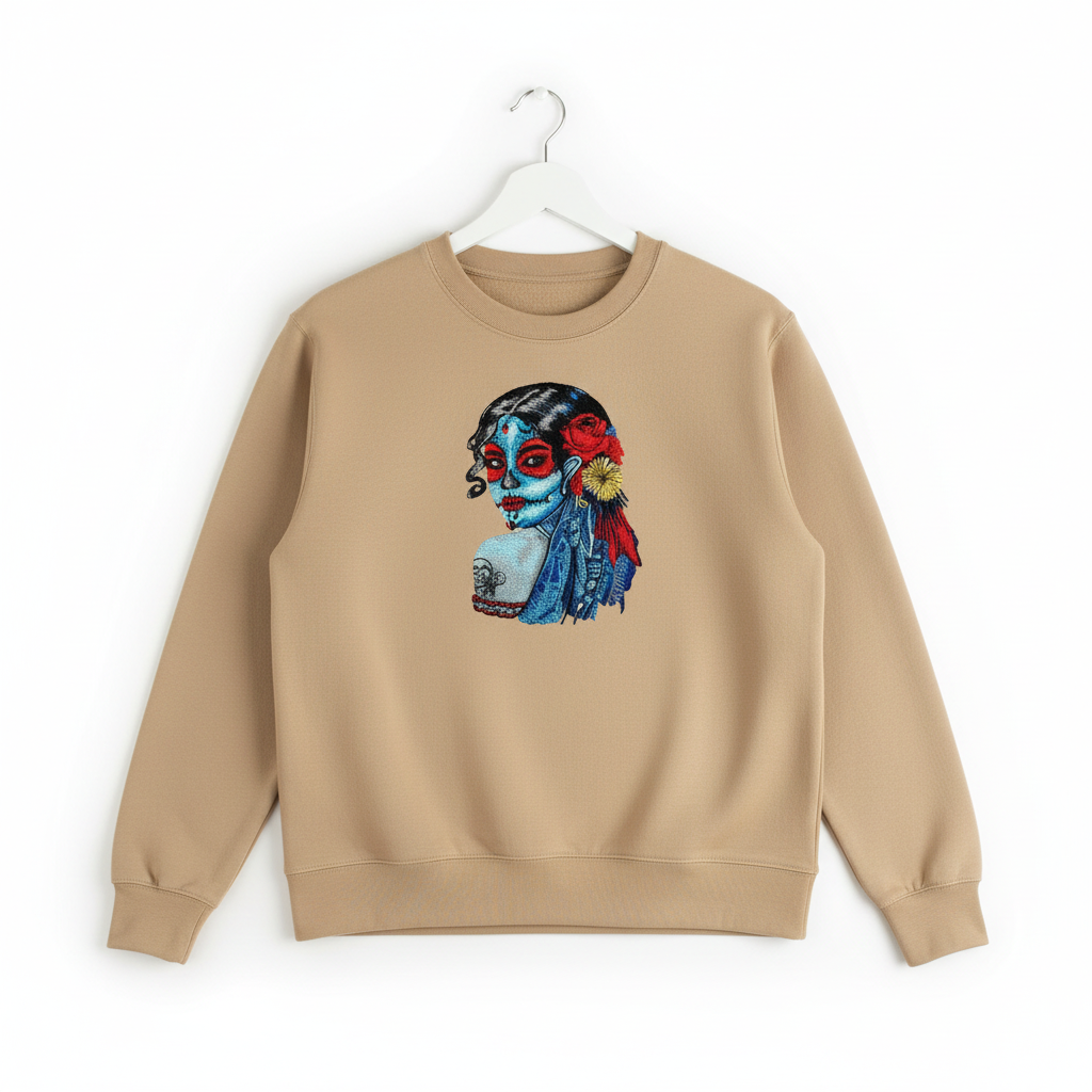 Sugar Skull Lady Machine Embroidered Sweatshirt – Hand Finished in Dubai | EmbroMania