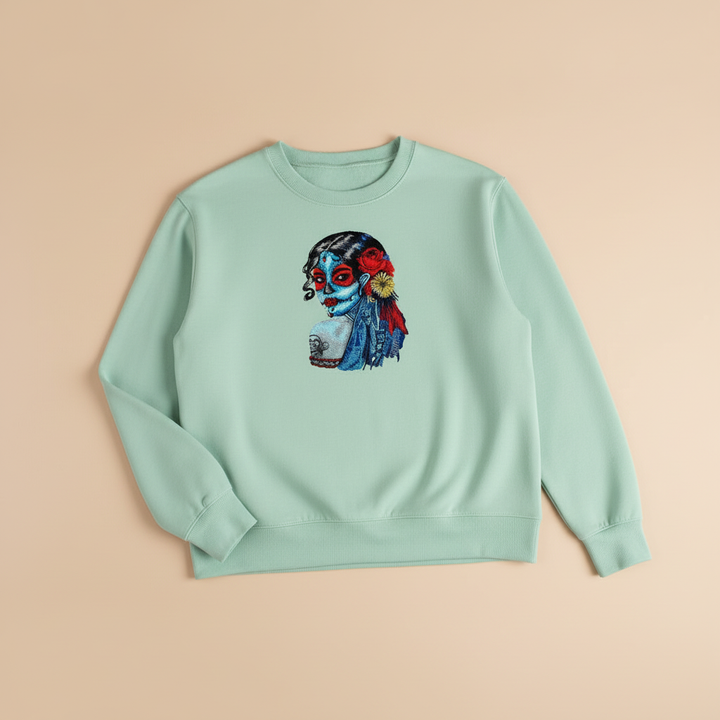 Sugar Skull Lady Machine Embroidered Sweatshirt – Hand Finished in Dubai | EmbroMania