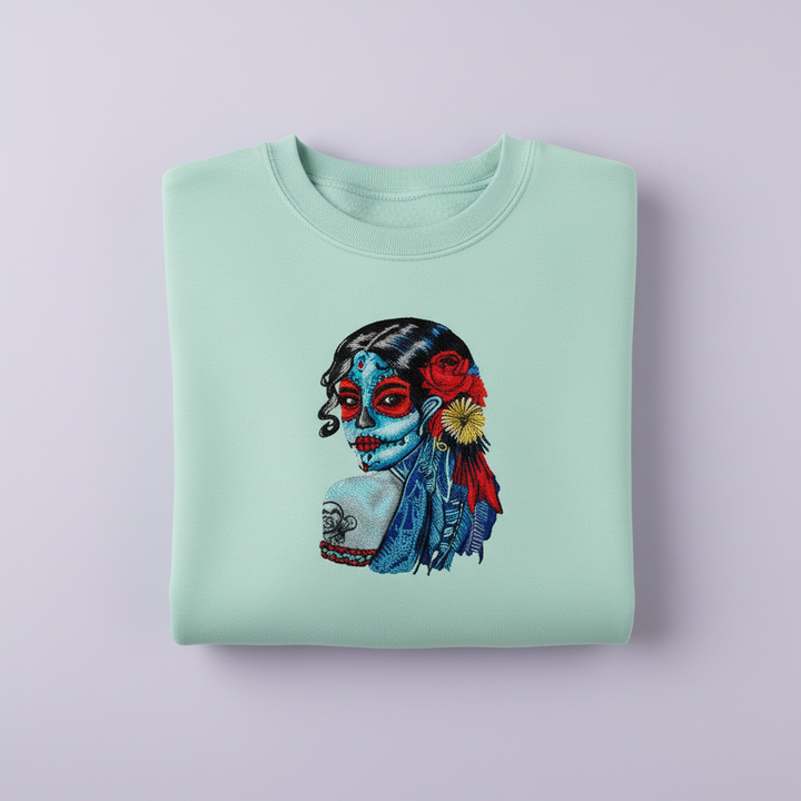 Sugar Skull Lady Machine Embroidered Sweatshirt – Hand Finished in Dubai | EmbroMania