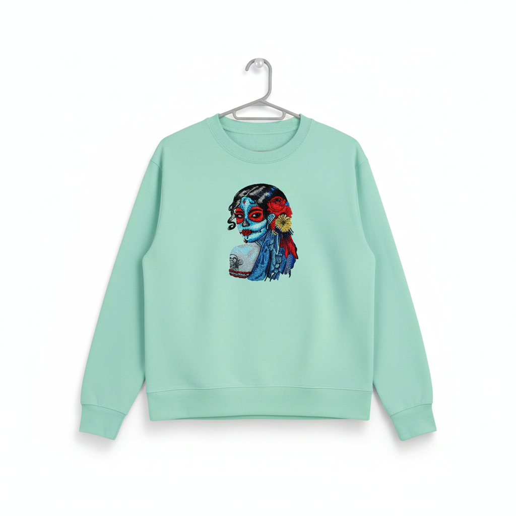 Sugar Skull Lady Machine Embroidered Sweatshirt – Hand Finished in Dubai | EmbroMania