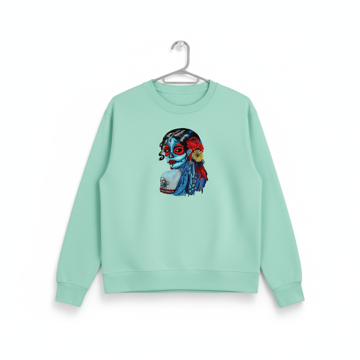 Sugar Skull Lady Machine Embroidered Sweatshirt – Hand Finished in Dubai | EmbroMania