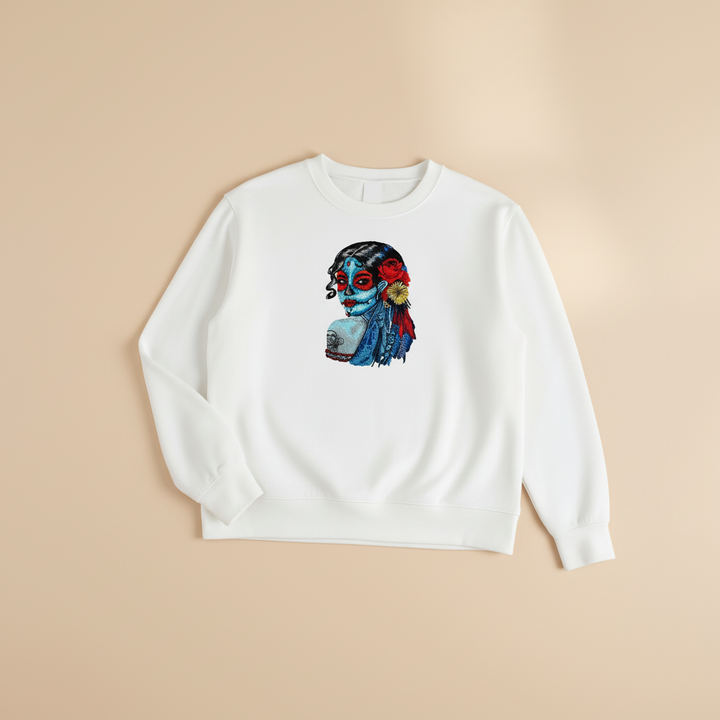 Sugar Skull Lady Machine Embroidered Sweatshirt – Hand Finished in Dubai | EmbroMania