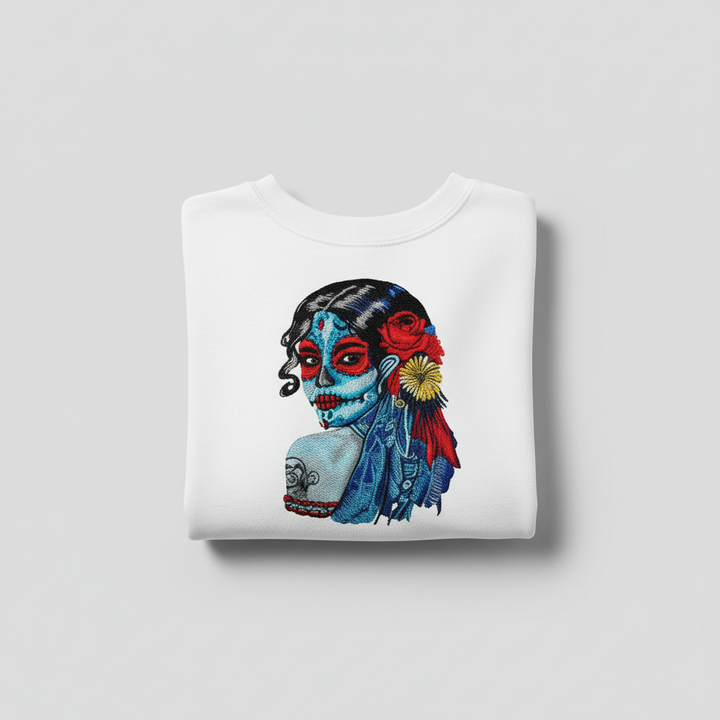 Sugar Skull Lady Machine Embroidered Sweatshirt – Hand Finished in Dubai | EmbroMania
