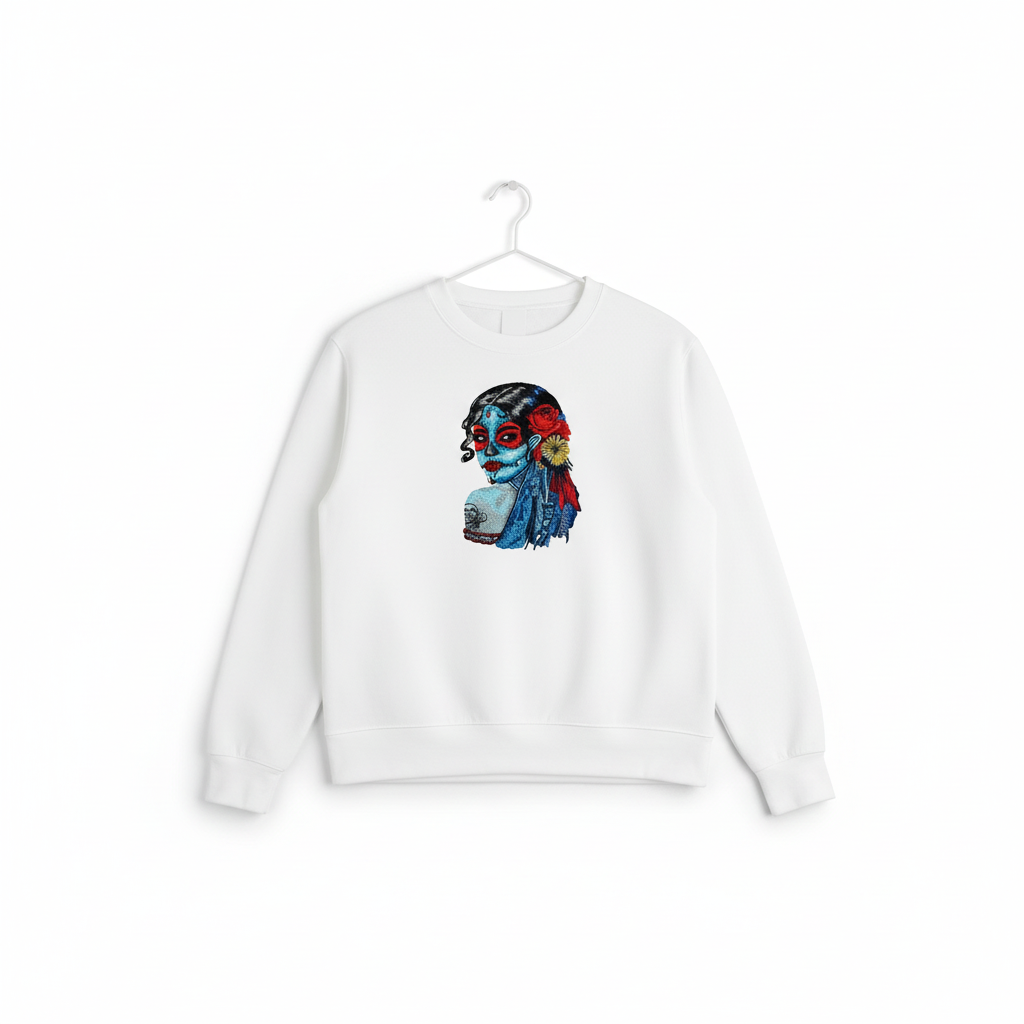 Sugar Skull Lady Machine Embroidered Sweatshirt – Hand Finished in Dubai | EmbroMania