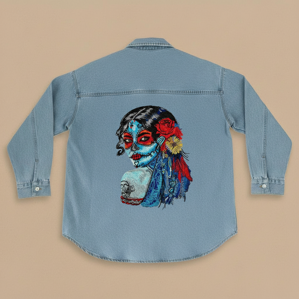 Denim Canvas Machine Embroidered Denim Shirt – Hand Finished in Dubai | EmbroMania