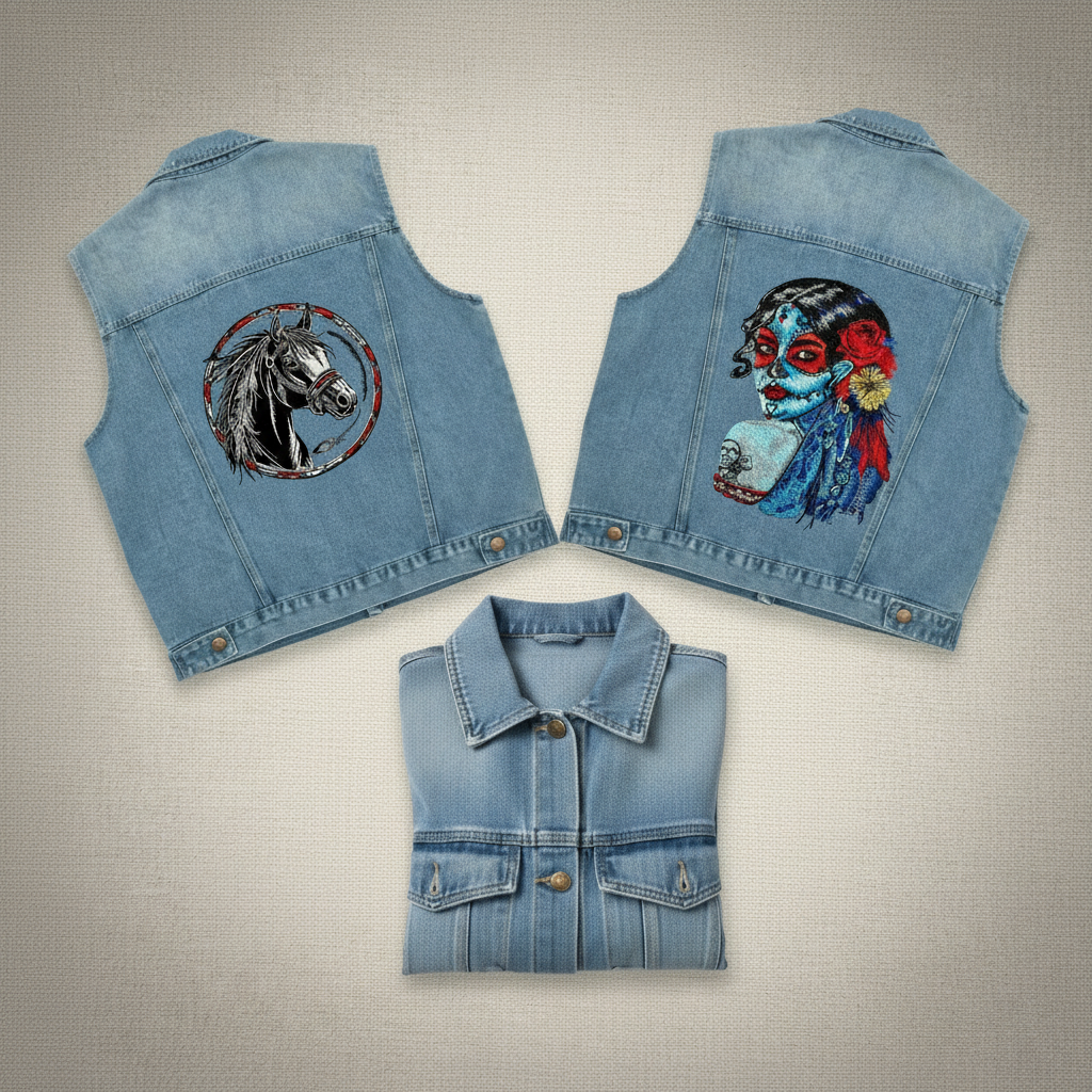 Denim Rebel Machine Embroidered Denim Vest – Hand Finished in Dubai | EmbroMania