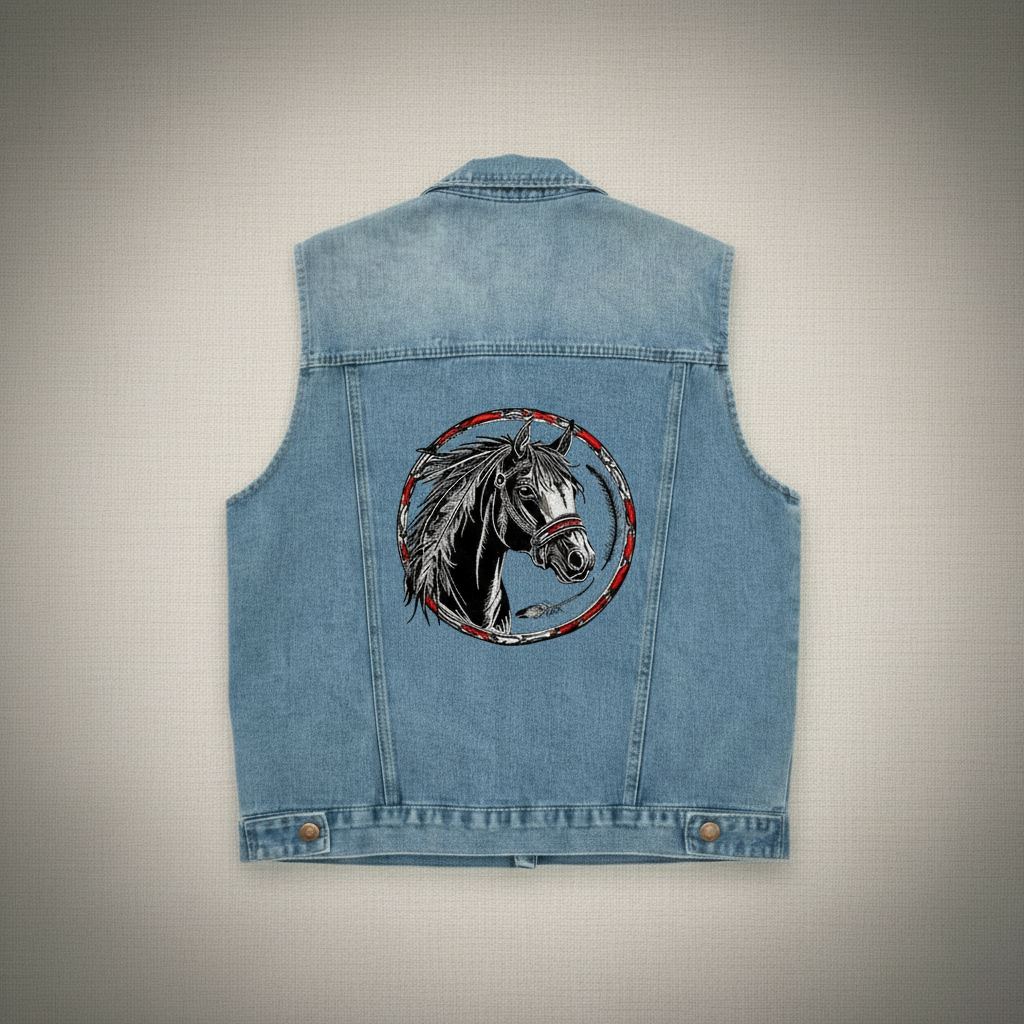 Denim Rebel Machine Embroidered Denim Vest – Hand Finished in Dubai | EmbroMania