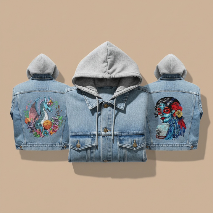 Denim Soul Machine Embroidered Hoodie Jacket – Mixed Designs Collection | Hand Finished in Dubai