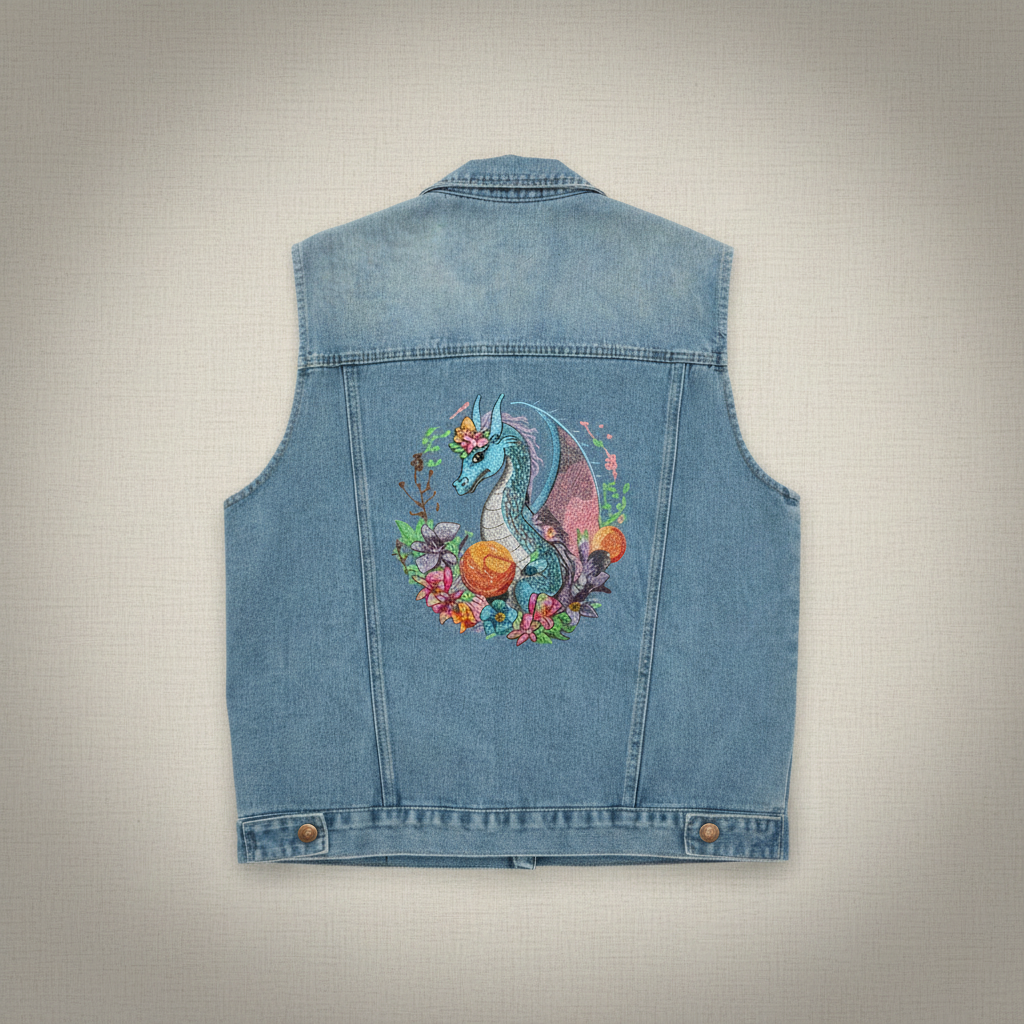 Denim Rebel Machine Embroidered Denim Vest – Hand Finished in Dubai | EmbroMania
