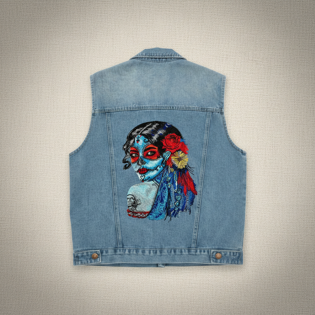 Denim Rebel Machine Embroidered Denim Vest – Hand Finished in Dubai | EmbroMania