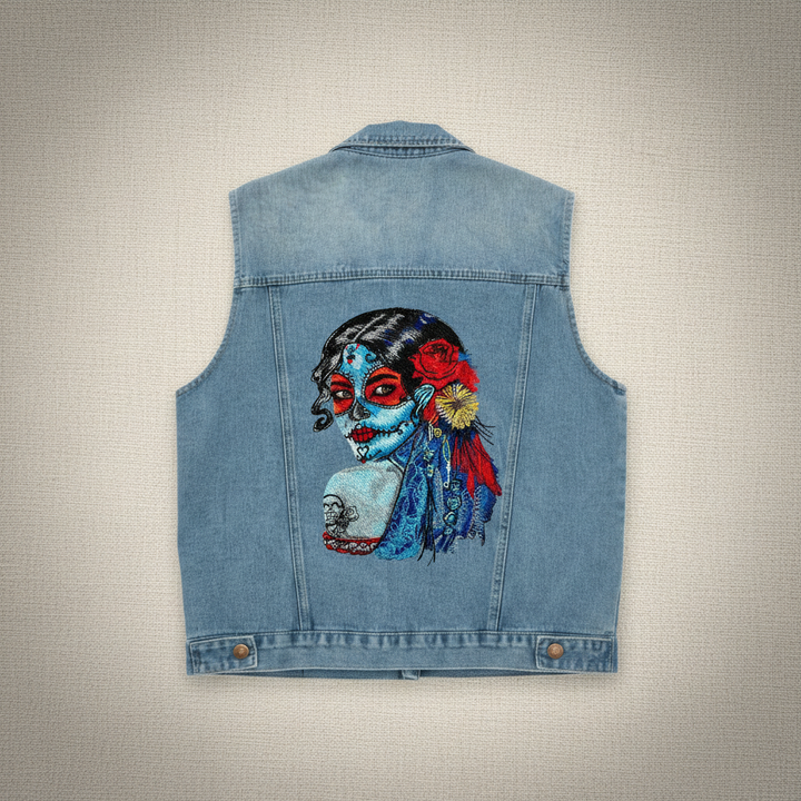 Denim Rebel Machine Embroidered Denim Vest – Hand Finished in Dubai | EmbroMania