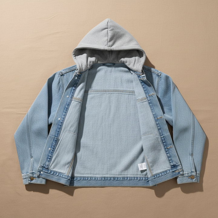 Denim Soul Embroidered Hoodie Jacket – Front View Flat Lay | Hand Finished in Dubai