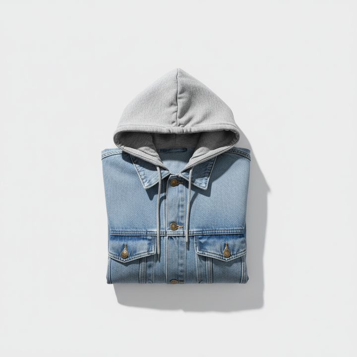 Denim Soul Embroidered Hoodie Jacket – Front Folded View | Hand Finished in Dubai