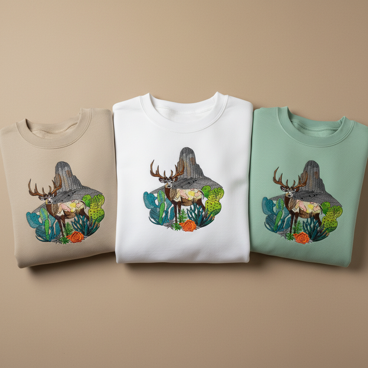 Alpine Desert Fusion Deer Machine Embroidered Sweatshirt – Hand Finished in Dubai | EmbroMania