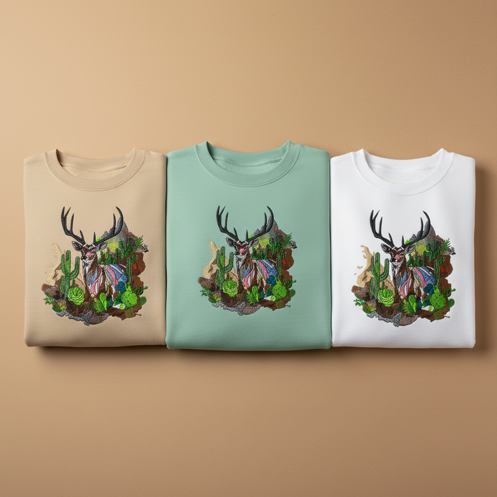 Desert Majesty Deer Machine Embroidered Sweatshirt – Hand Finished in Dubai | EmbroMania
