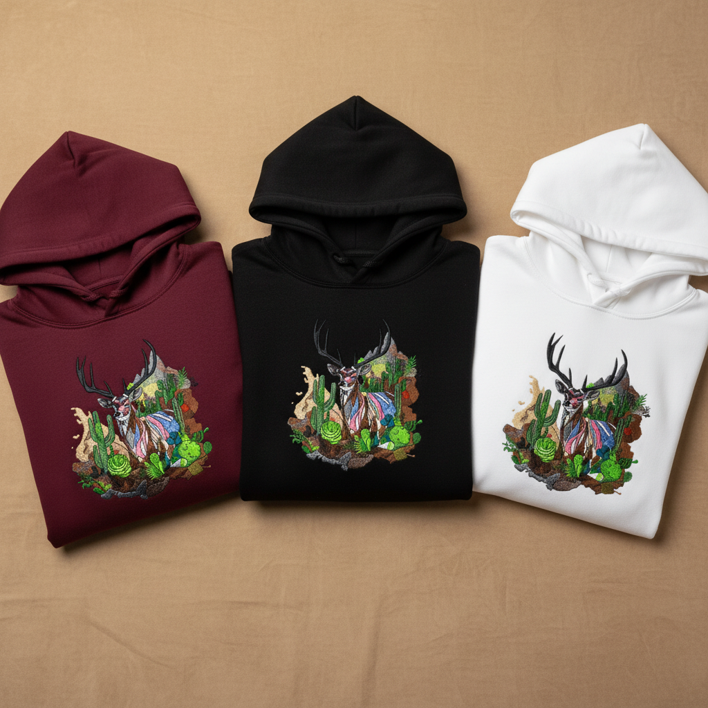 Desert Majesty Deer Machine Embroidered Hoodie – Hand Finished in Dubai | EmbroMania