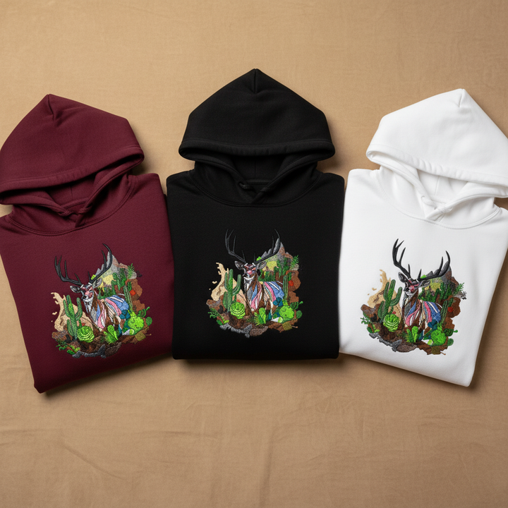 Desert Majesty Deer Machine Embroidered Hoodie – Hand Finished in Dubai | EmbroMania