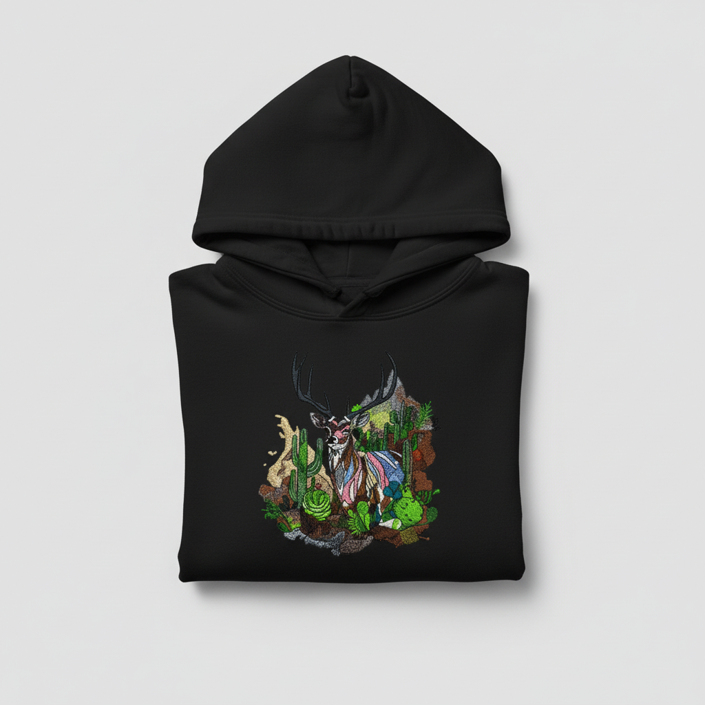 Desert Majesty Deer Machine Embroidered Hoodie – Hand Finished in Dubai | EmbroMania
