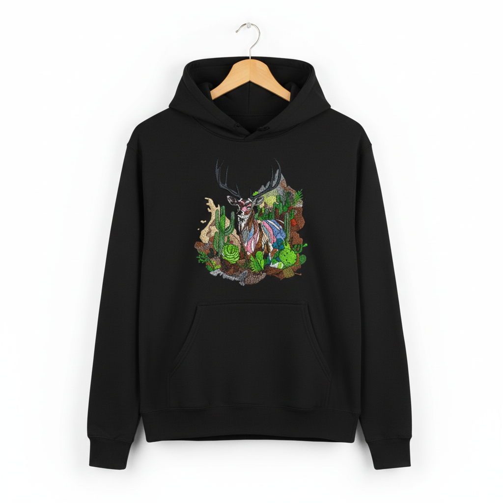 Desert Majesty Deer Machine Embroidered Hoodie – Hand Finished in Dubai | EmbroMania