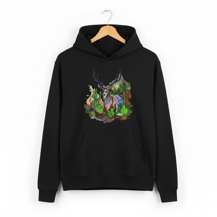 Desert Majesty Deer Machine Embroidered Hoodie – Hand Finished in Dubai | EmbroMania