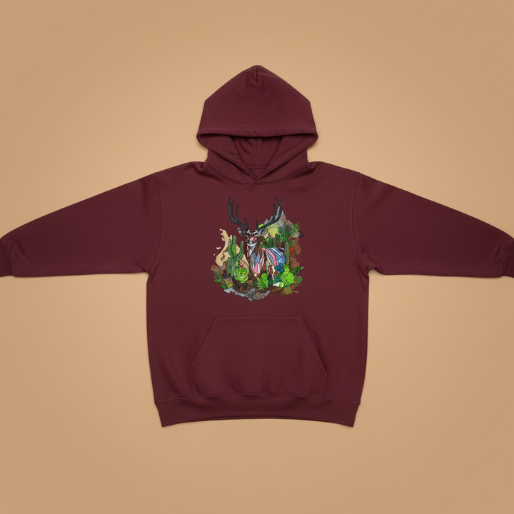 Desert Majesty Deer Machine Embroidered Hoodie – Hand Finished in Dubai | EmbroMania