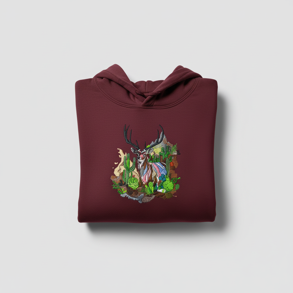 Desert Majesty Deer Machine Embroidered Hoodie – Hand Finished in Dubai | EmbroMania