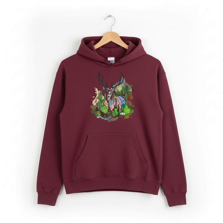 Desert Majesty Deer Machine Embroidered Hoodie – Hand Finished in Dubai | EmbroMania