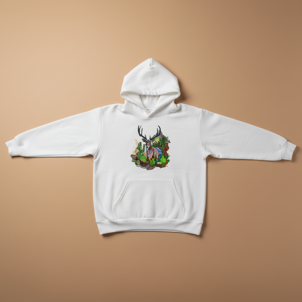 Desert Majesty Deer Machine Embroidered Hoodie – Hand Finished in Dubai | EmbroMania
