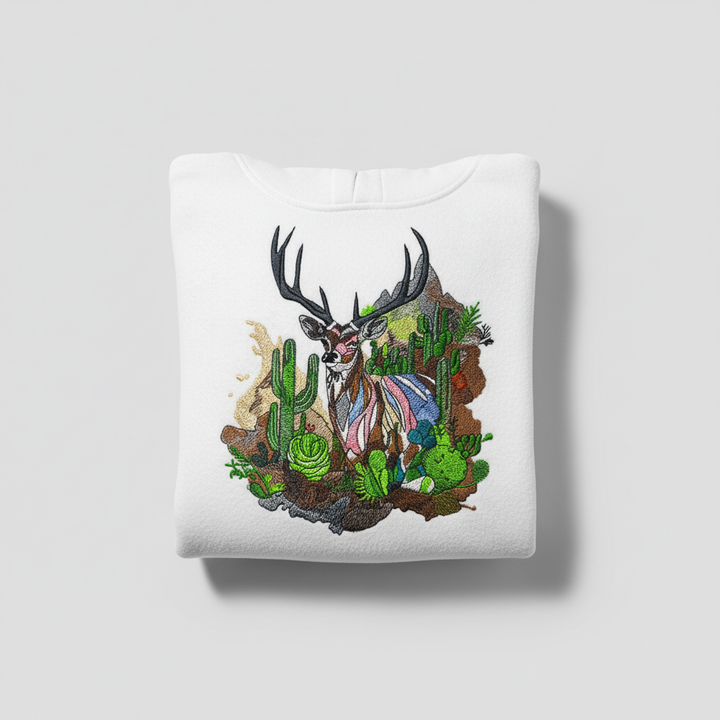 Desert Majesty Deer Machine Embroidered Hoodie – Hand Finished in Dubai | EmbroMania