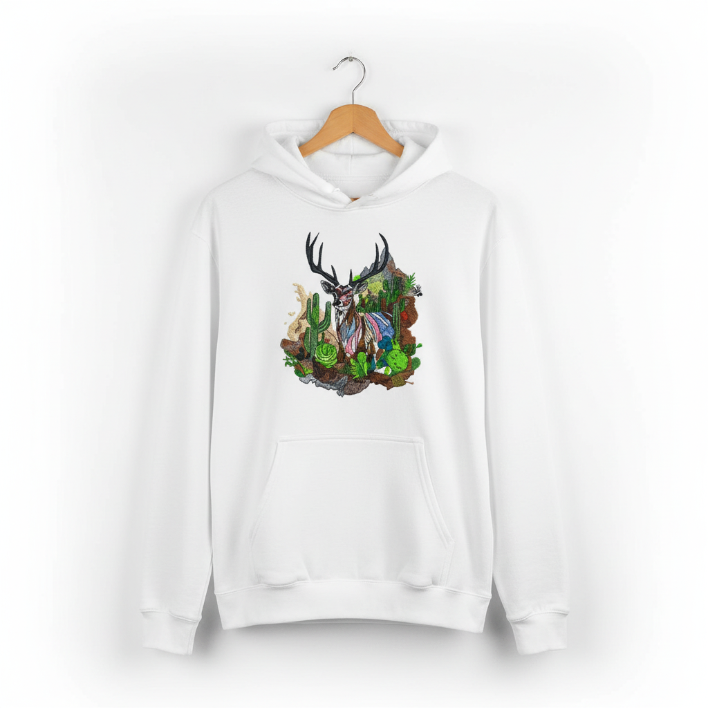 Desert Majesty Deer Machine Embroidered Hoodie – Hand Finished in Dubai | EmbroMania