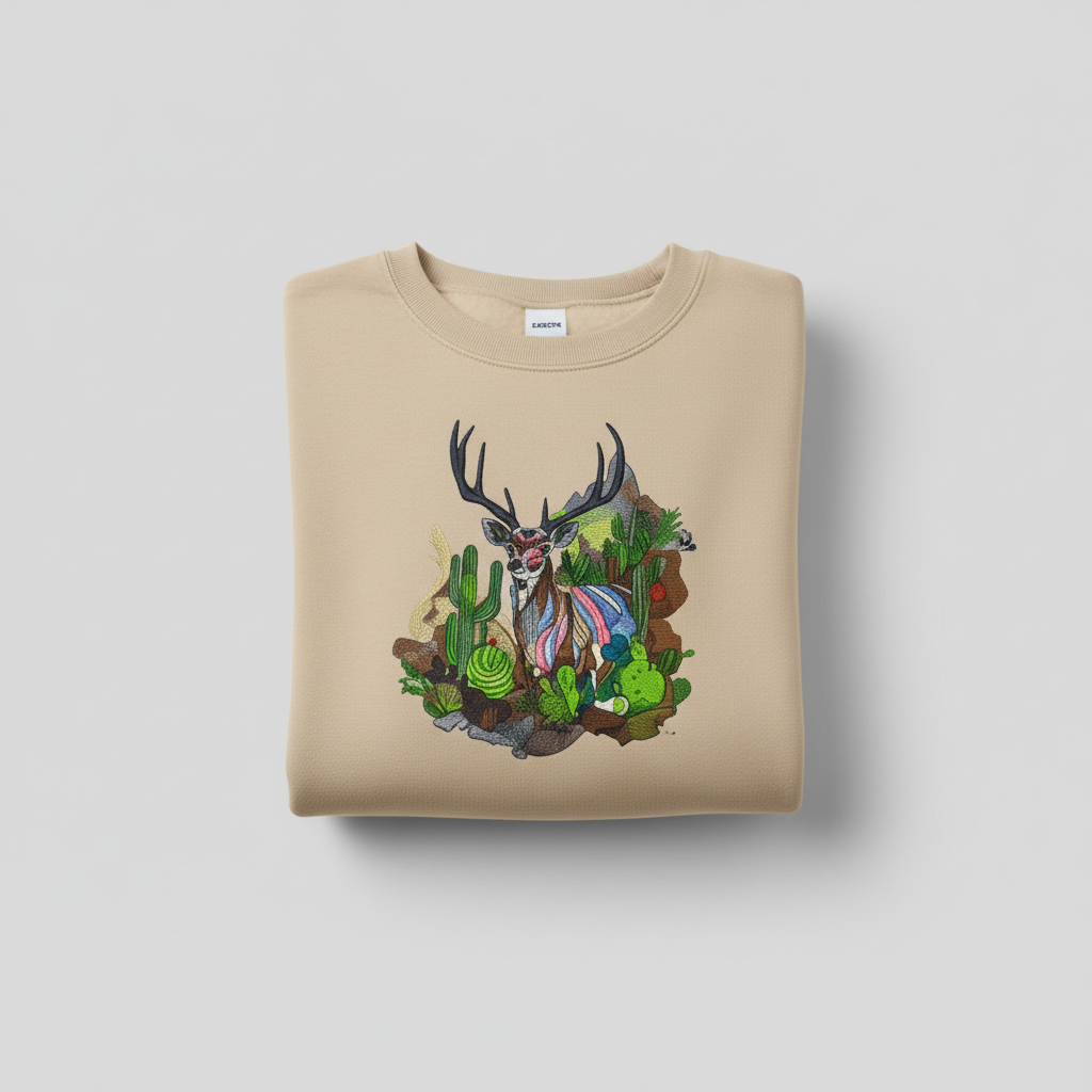 Desert Majesty Deer Machine Embroidered Sweatshirt – Hand Finished in Dubai | EmbroMania