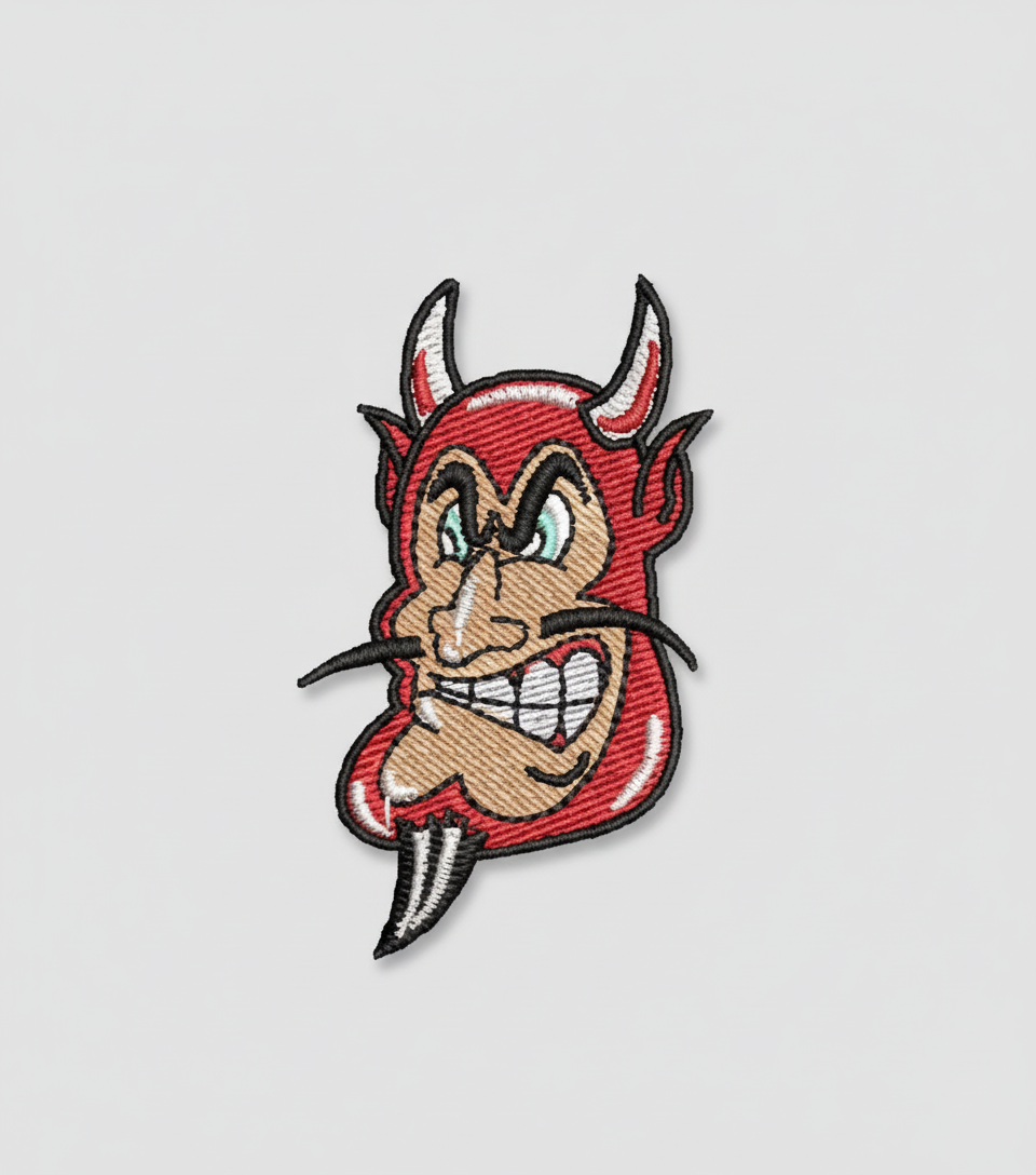 Embroidered patch of a cartoonish devil face on a grid background