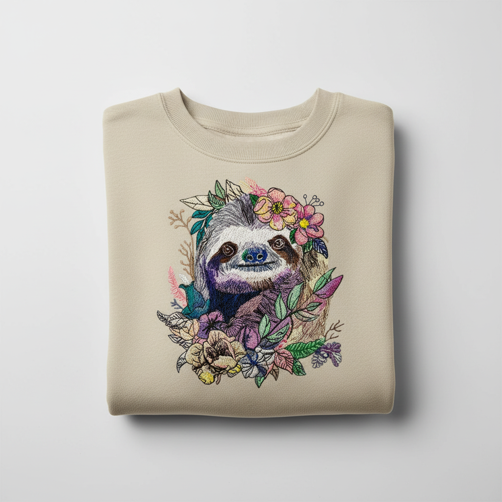 Woodland Sloth Machine Embroidered Sweatshirt – Hand Finished in Dubai | EmbroMania