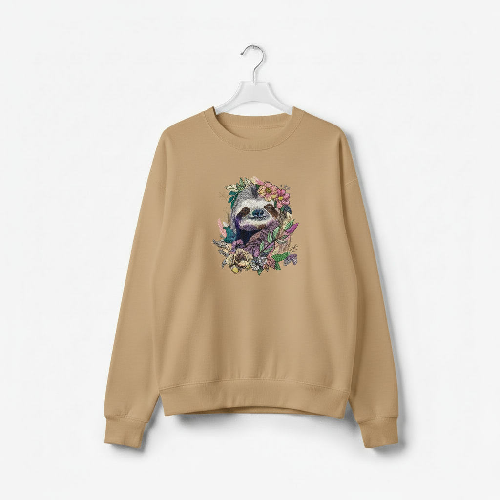 Woodland Sloth Machine Embroidered Sweatshirt – Hand Finished in Dubai | EmbroMania