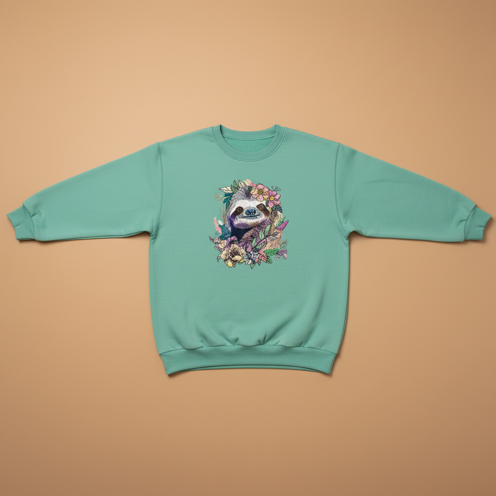 Woodland Sloth Machine Embroidered Sweatshirt – Hand Finished in Dubai | EmbroMania