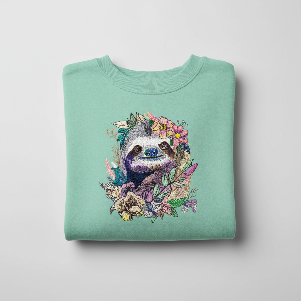 Woodland Sloth Machine Embroidered Sweatshirt – Hand Finished in Dubai | EmbroMania