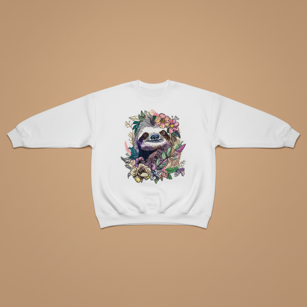 Woodland Sloth Machine Embroidered Sweatshirt – Hand Finished in Dubai | EmbroMania