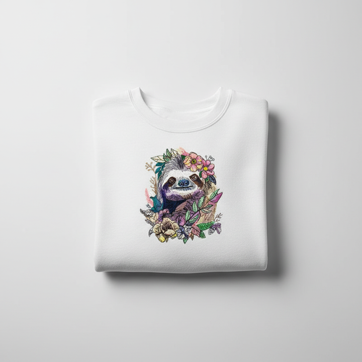 Woodland Sloth Machine Embroidered Sweatshirt – Hand Finished in Dubai | EmbroMania