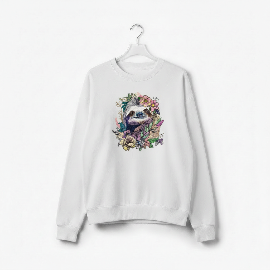 Woodland Sloth Machine Embroidered Sweatshirt – Hand Finished in Dubai | EmbroMania